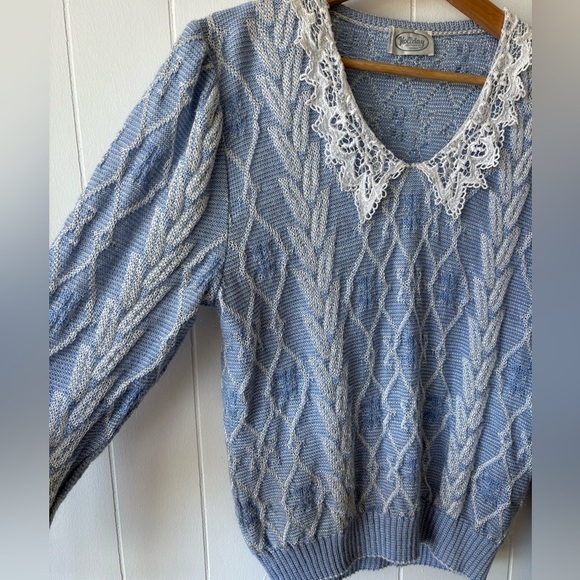 Blue Cable Knit Sweater with Lace Collar - Picture 5 of 7